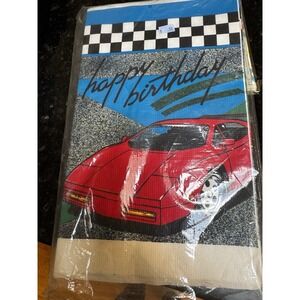 Vintage CA Reed Happy Birthday Red Sports car Red Corvette Tablecloth NIP 52x96